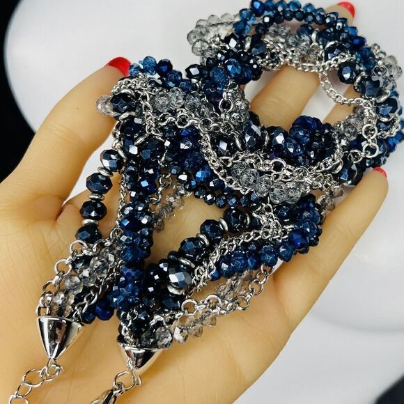 Vintage Necklace Midnight Blue Bling Multi Strand Faceted Beads Chain Wrap 1175 - Picture 2 of 11